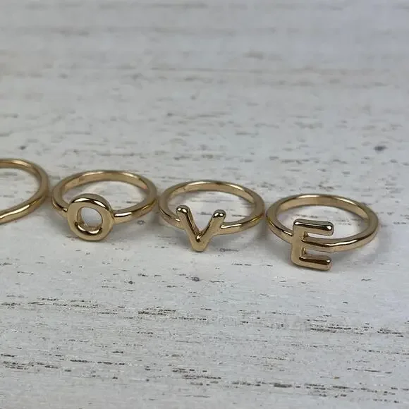 💕 NWOT Gold Tone L O V E Midi Ring Set Size 3 - 3.5 LOVE Stacking Rings - Picture 12 of 14